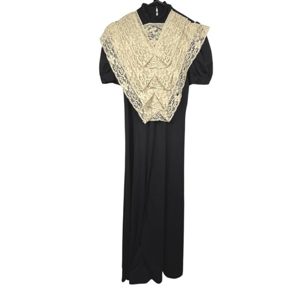 Vintage Black Maxi Dress Puff Sleeve Lace‎ Collar High Neck Mock Neck